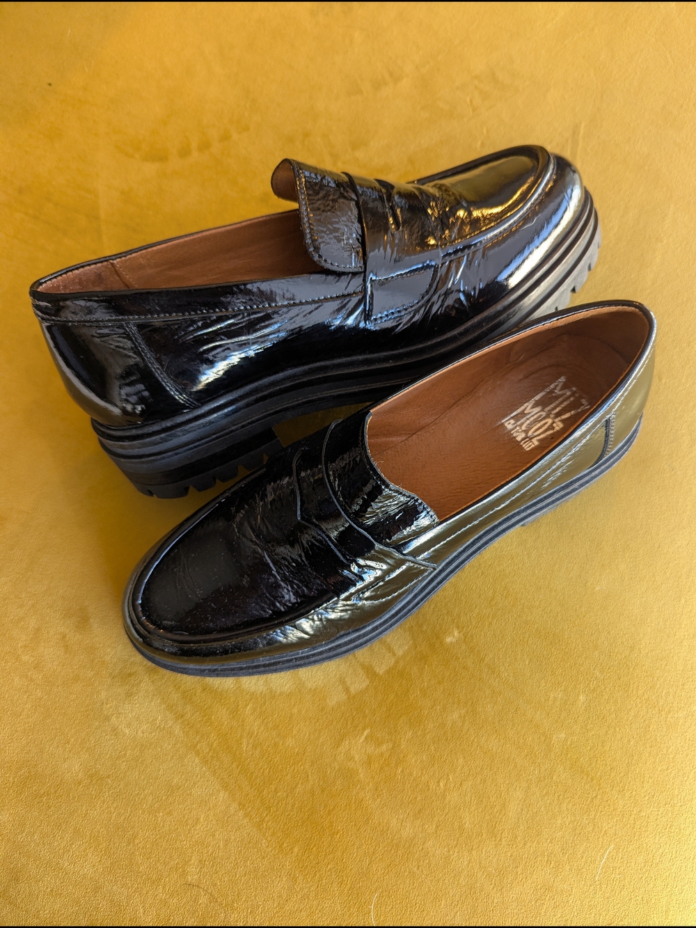 Miz Mooz Legend Black Patent Leather Platform Loafers Size 41